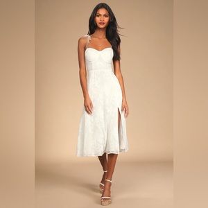Loveliest Looks White Floral Jacquard Tie-Strap Midi Dress